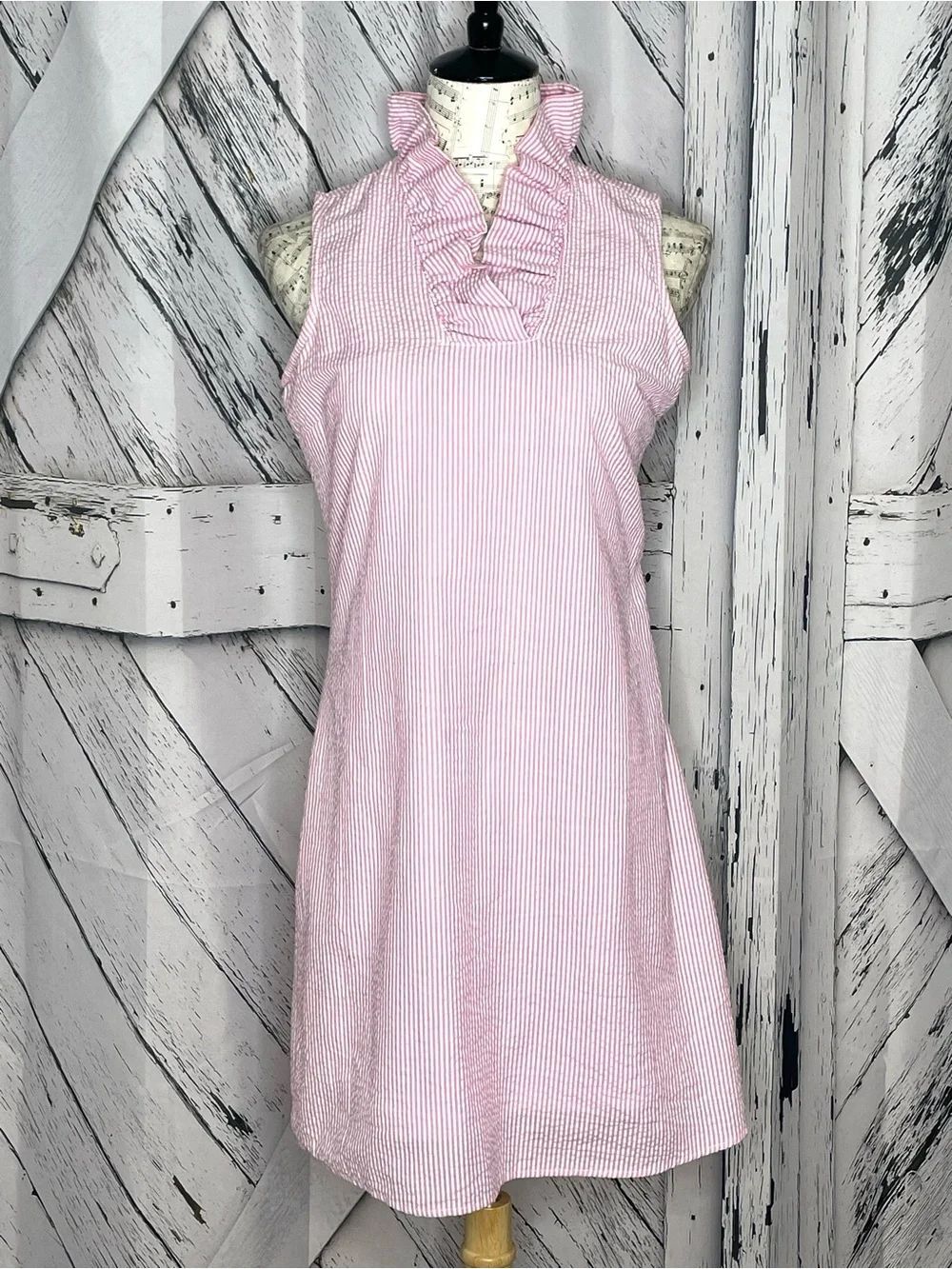 Mud Pie seersucker dress sleeveless pink white Small